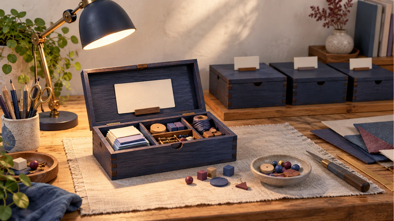 Editorial illustration of organised project boxes, with one open beside its handoff card and tools.