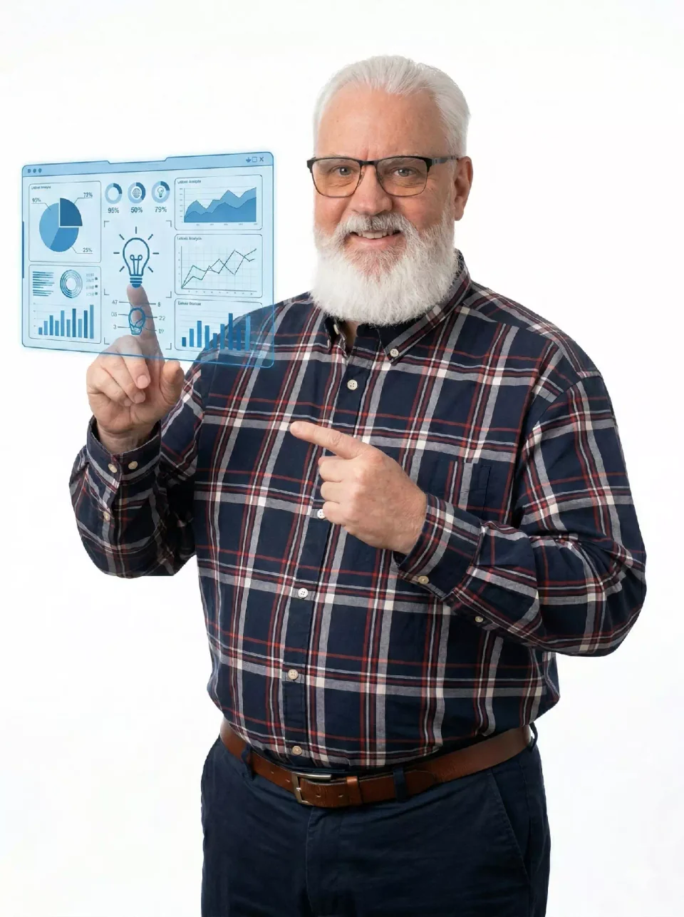 Paul Hughes in a plaid shirt with an illustrated digital dashboard